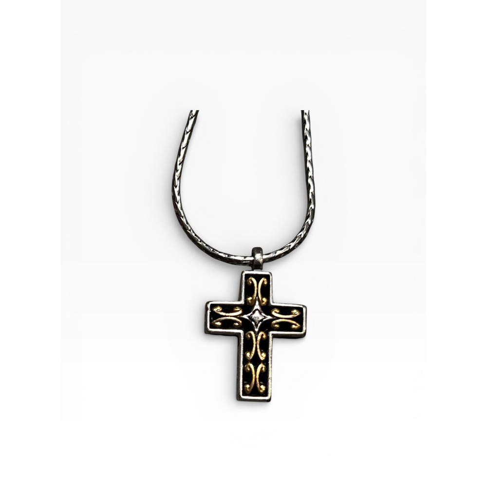 Brighton Seville Cross Necklace‎ Reversable Silver Gold 16" Two-Tone Scrollwork